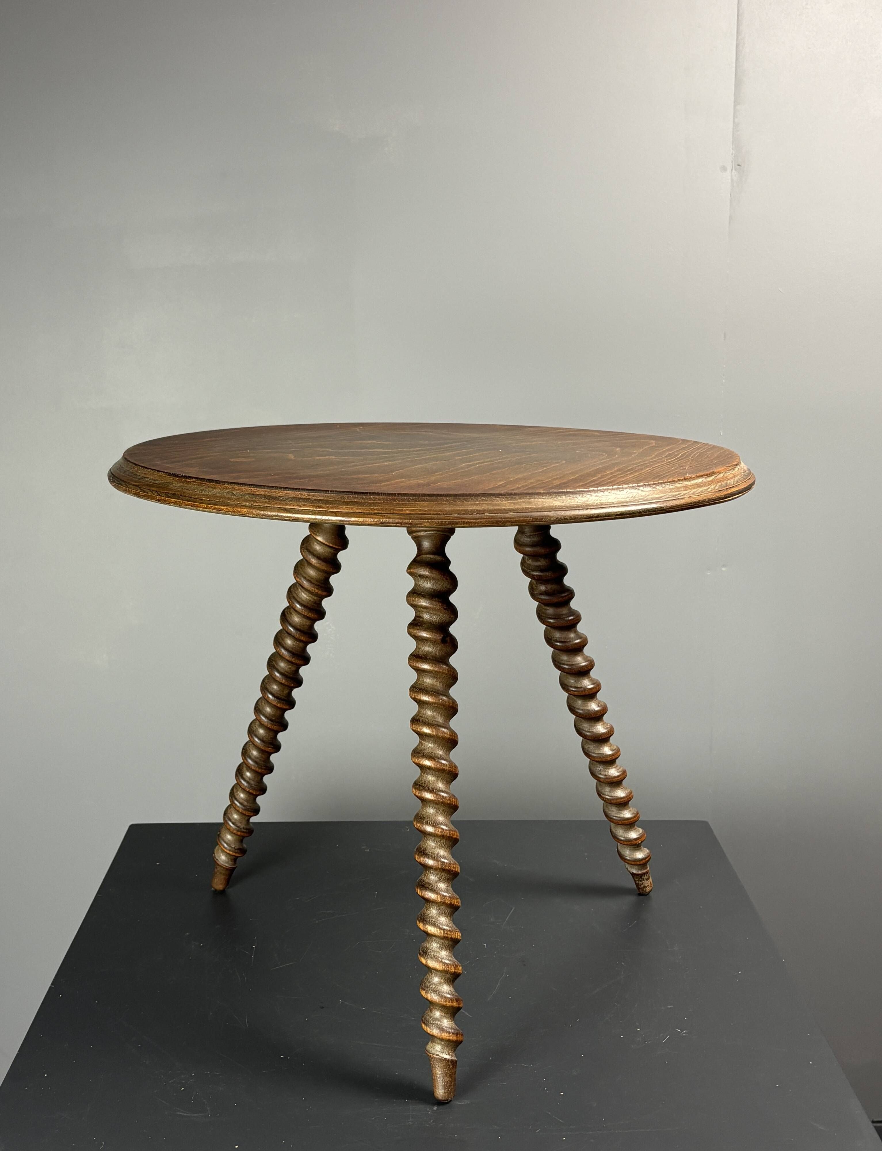 Midcentury wood turned barley twist side table with cork screw legs 1950s