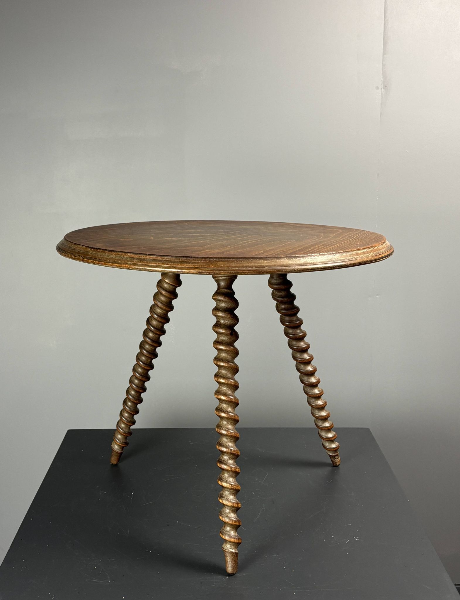 Midcentury wood turned barley twist side table with cork screw legs 1950s
