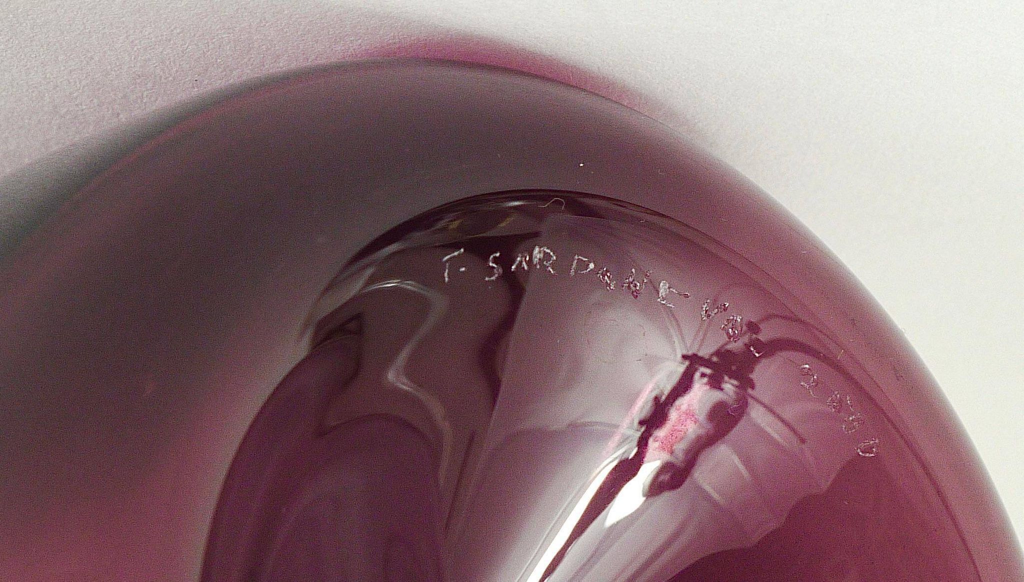 Glass vase signed Purple Timo Sarpaneva Pullo Bird Bottle, Iittala, Finland.
