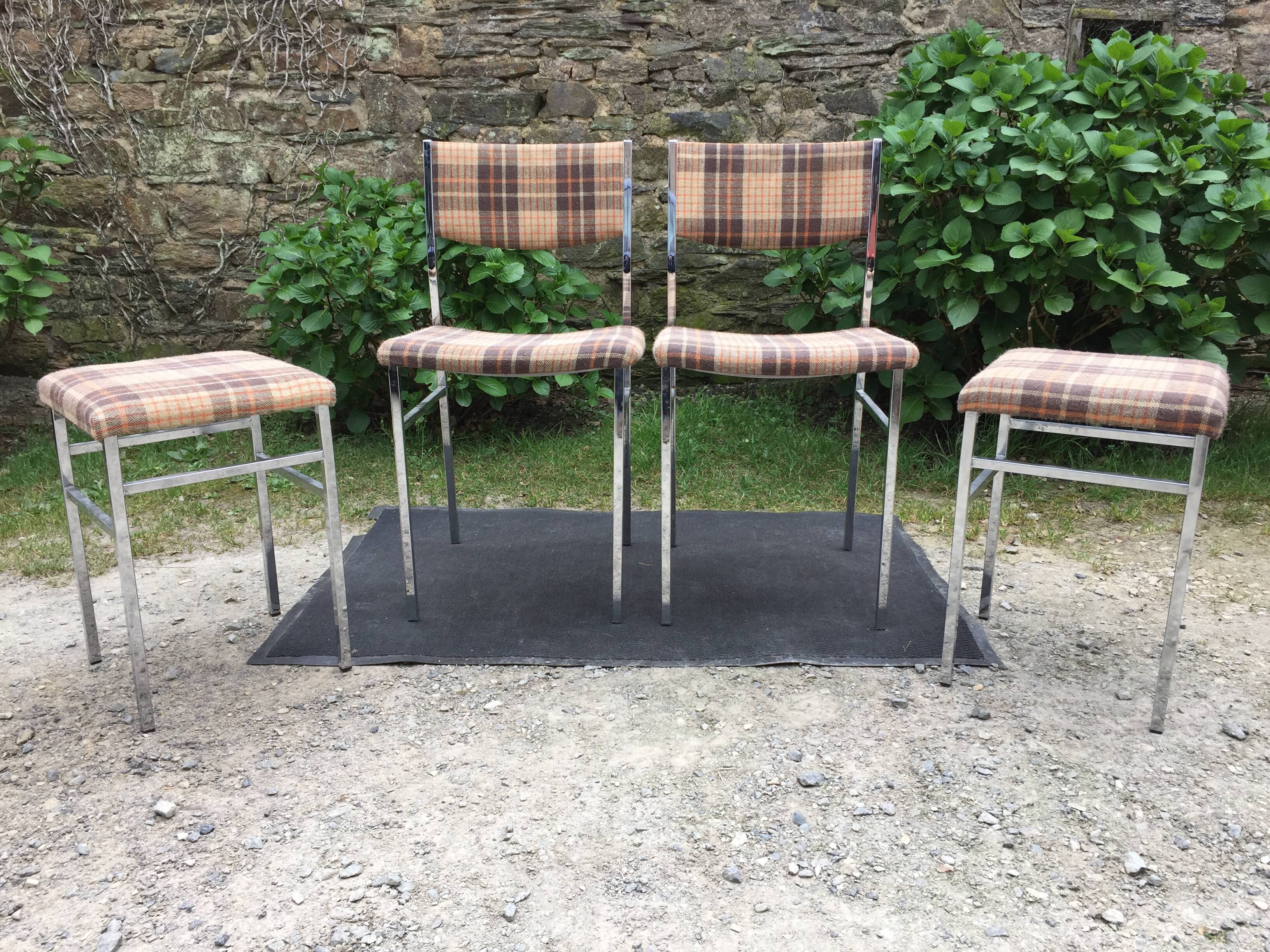 Vintage chairs and stools with chrome-plated square tubular metal base.