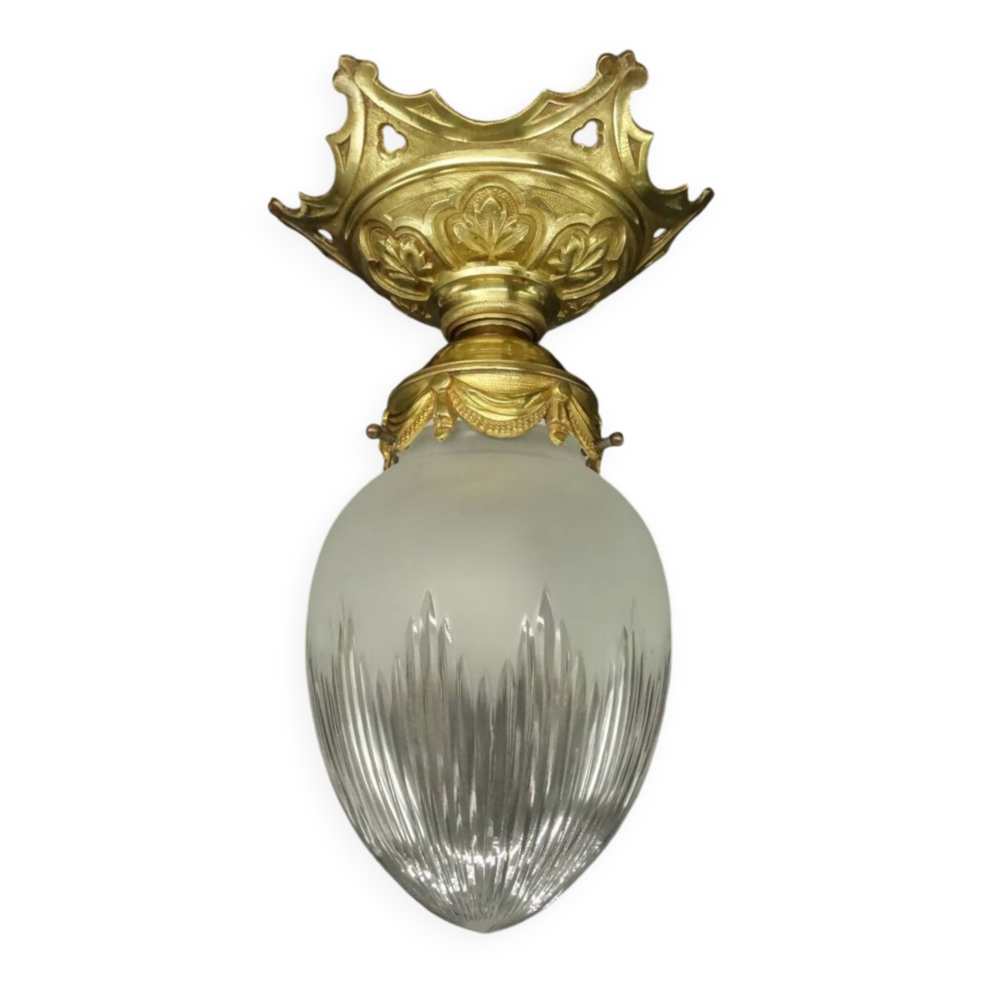 Louis XVI style pendant light / ceiling light / ogive chandelier - gilded bronze & chiseled glass