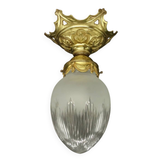 Louis XVI style pendant light / ceiling light / ogive chandelier - gilded bronze & chiseled glass