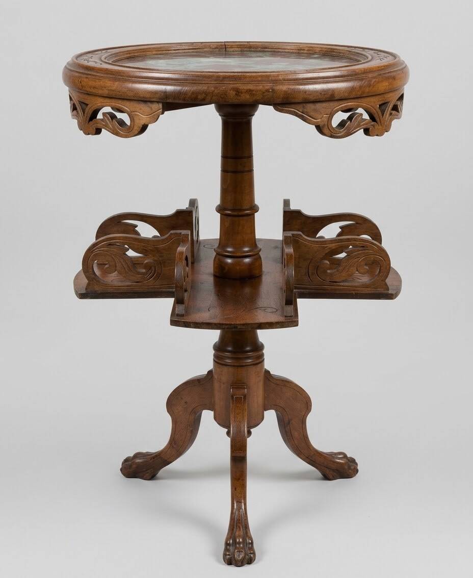A Side Table / Stand in Walnut - Red Marble - Rotating Top
