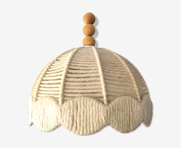 Suspension laine et boules de bois design années 70