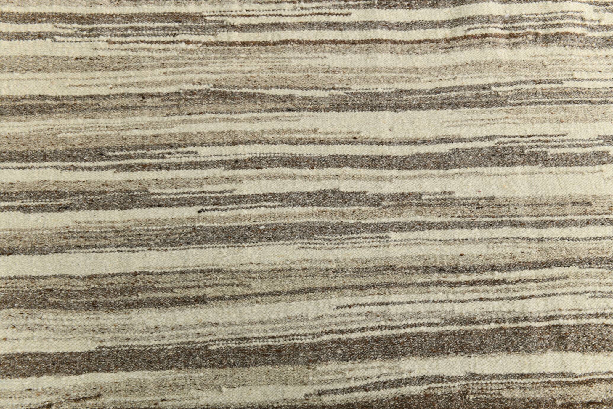 8x11 Brown Beige Minimalist Handmade Wool Kilim Rug, 226x350Cm