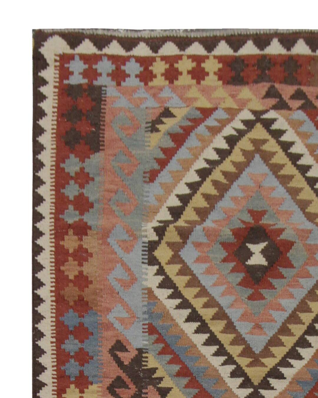 Geometric Tribal Kilim Rug, Handmade Wool Rug in Earthy Browns 104 x 188 cm