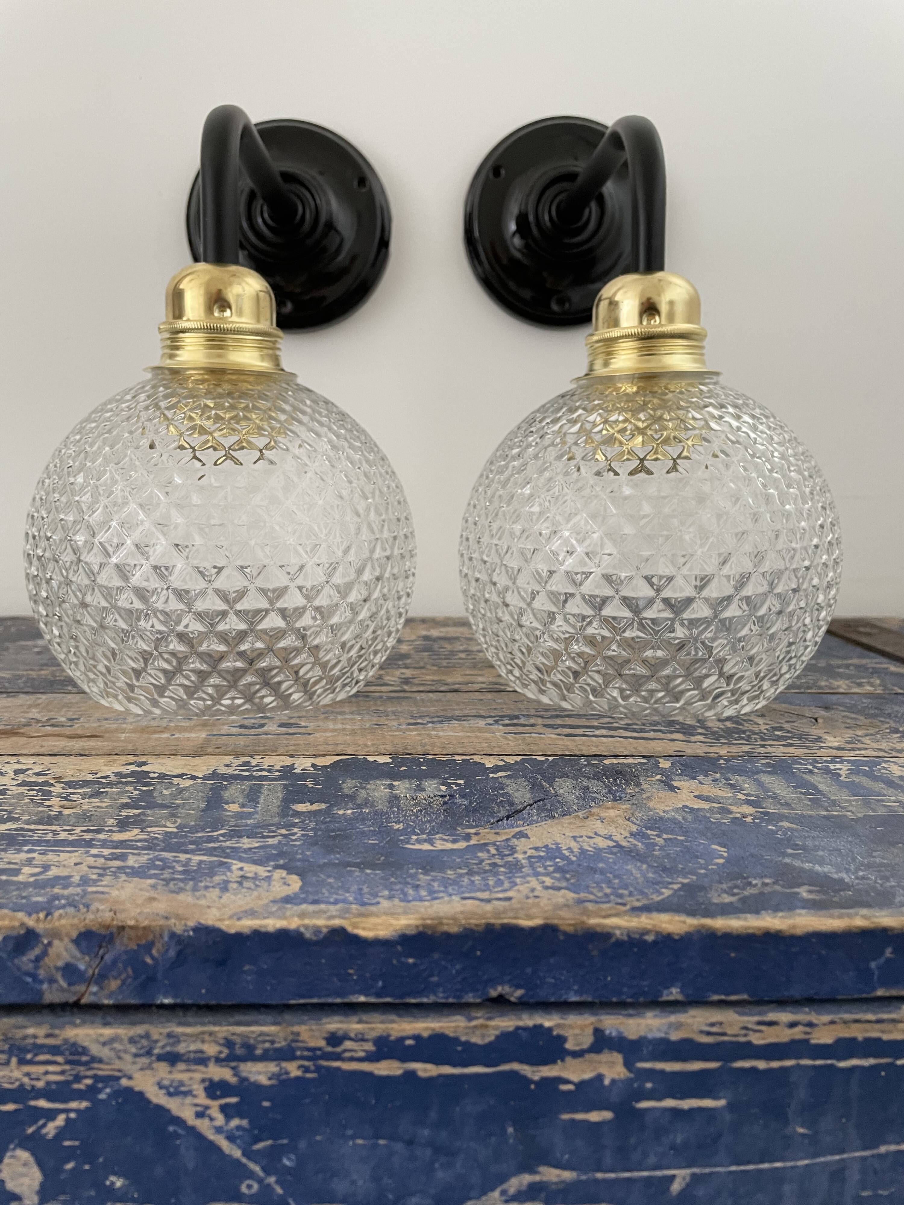 Set of two vintage electrified electrified glass wall lamps