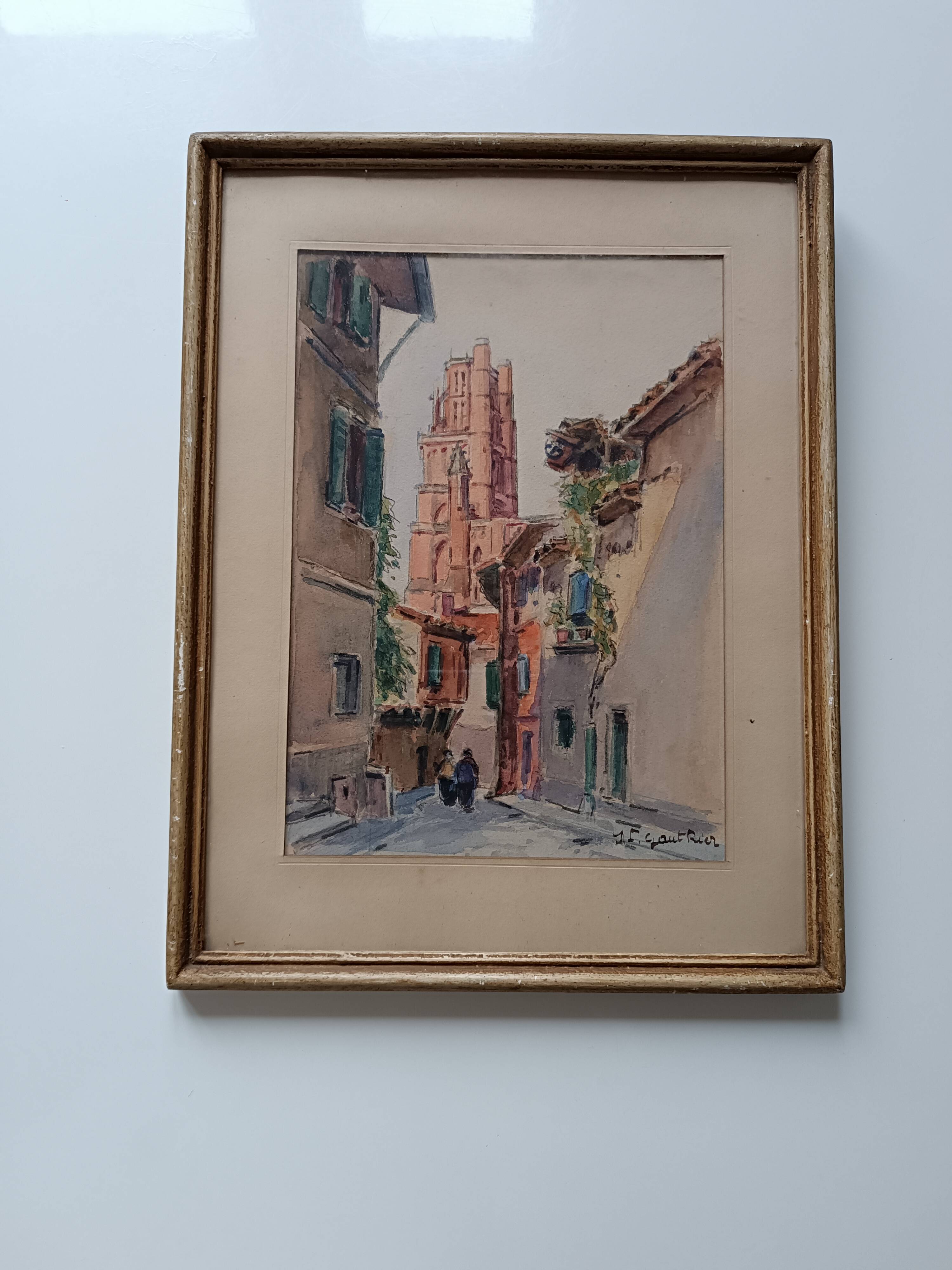Signed watercolor painting View of Albi Cathedral