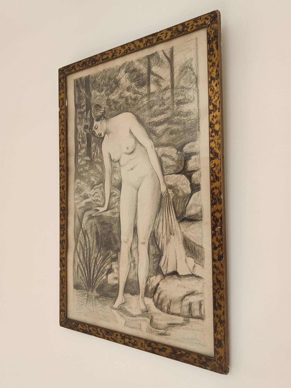 Fusain Femme nue estampe encadrée
