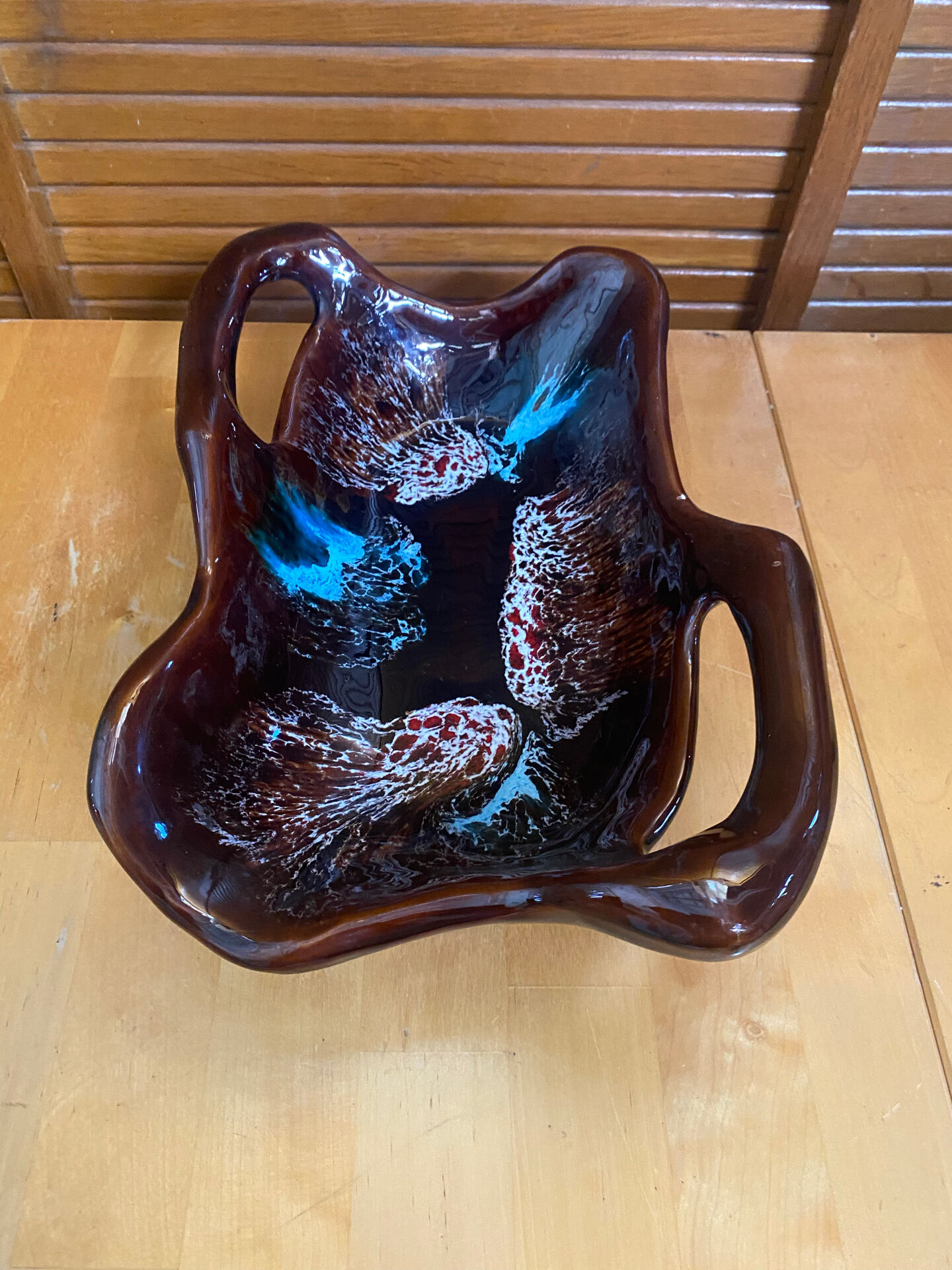 Coupe Centre De Table VALLAURIS Céramique Marron & Bleu Vintage #E172