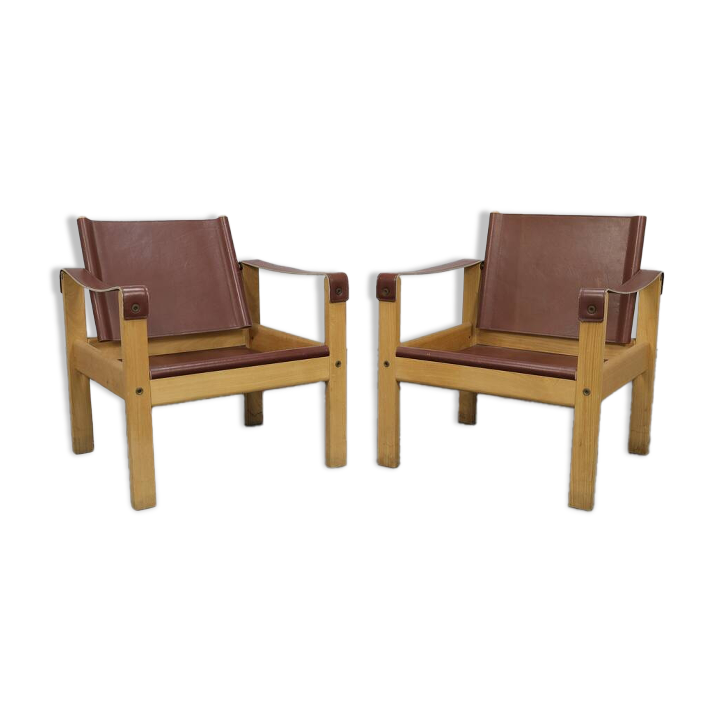 Set of 2 lounge chairs in teak and saddle leather by Karl Heinz Bergmiller for Escriba, Brazil, 1970s