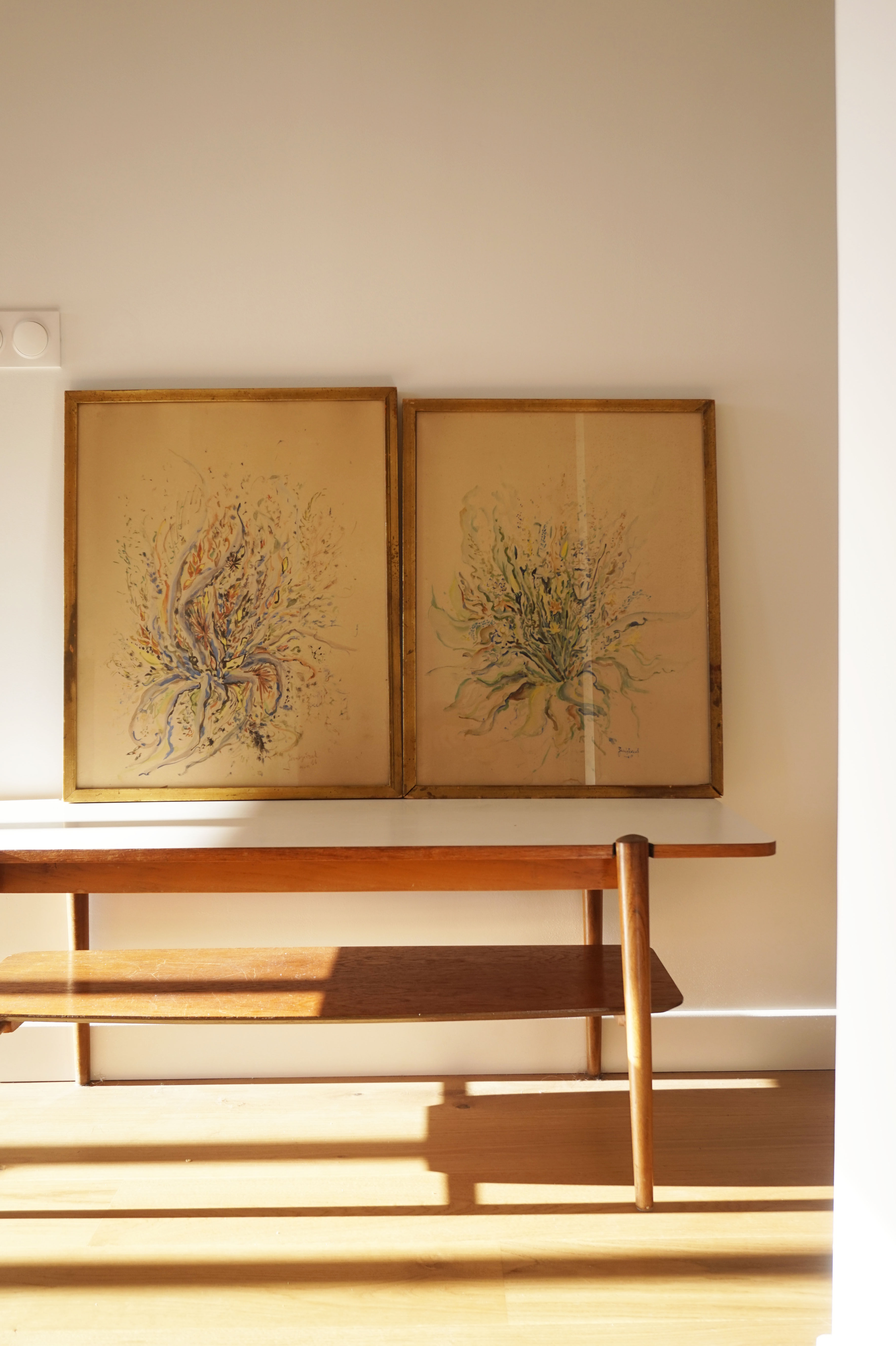 Pair of vintage paintings 1950 frame gilded wood