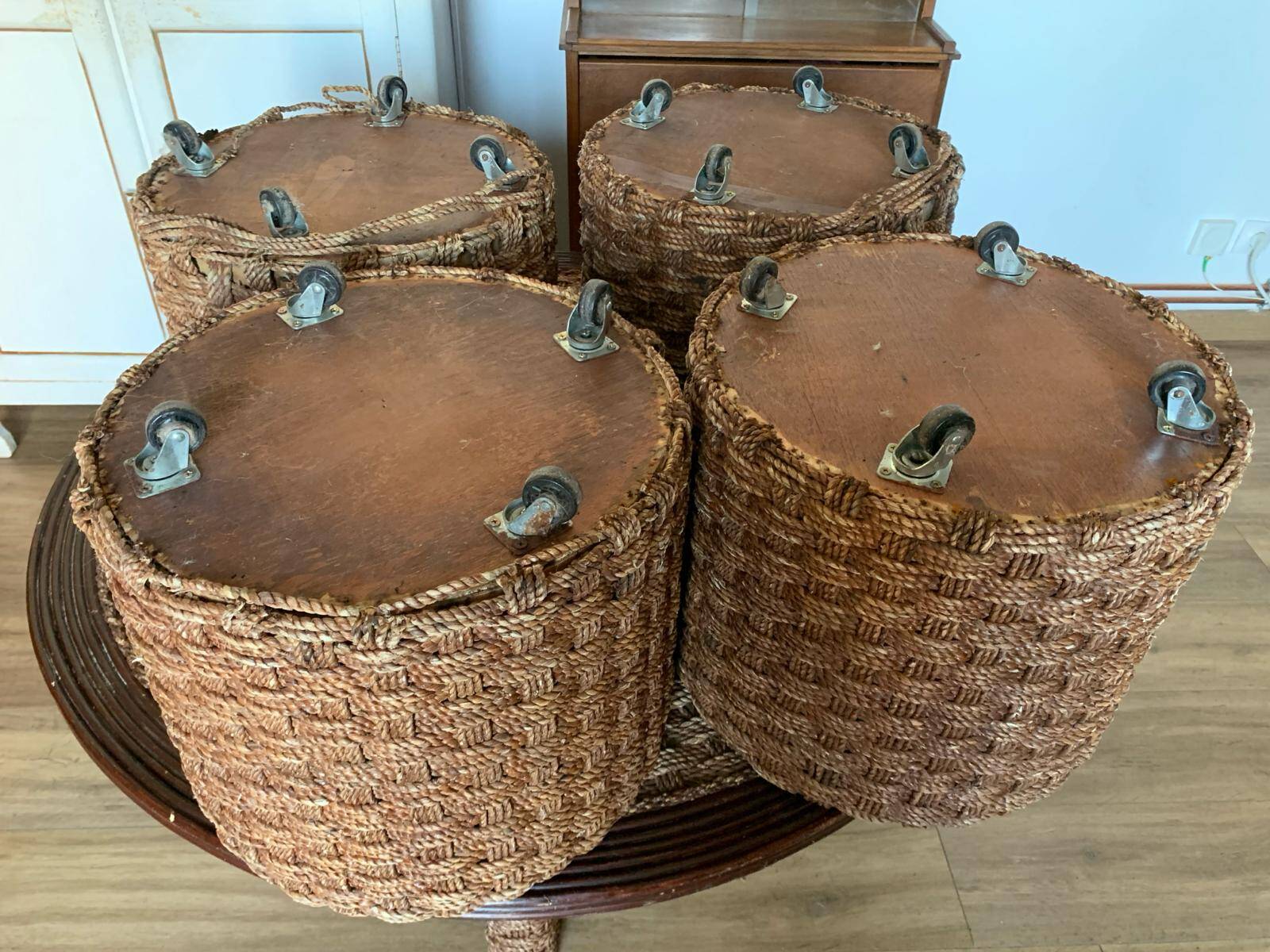 Vintage woven rope and rattan coffee table with 4 stools