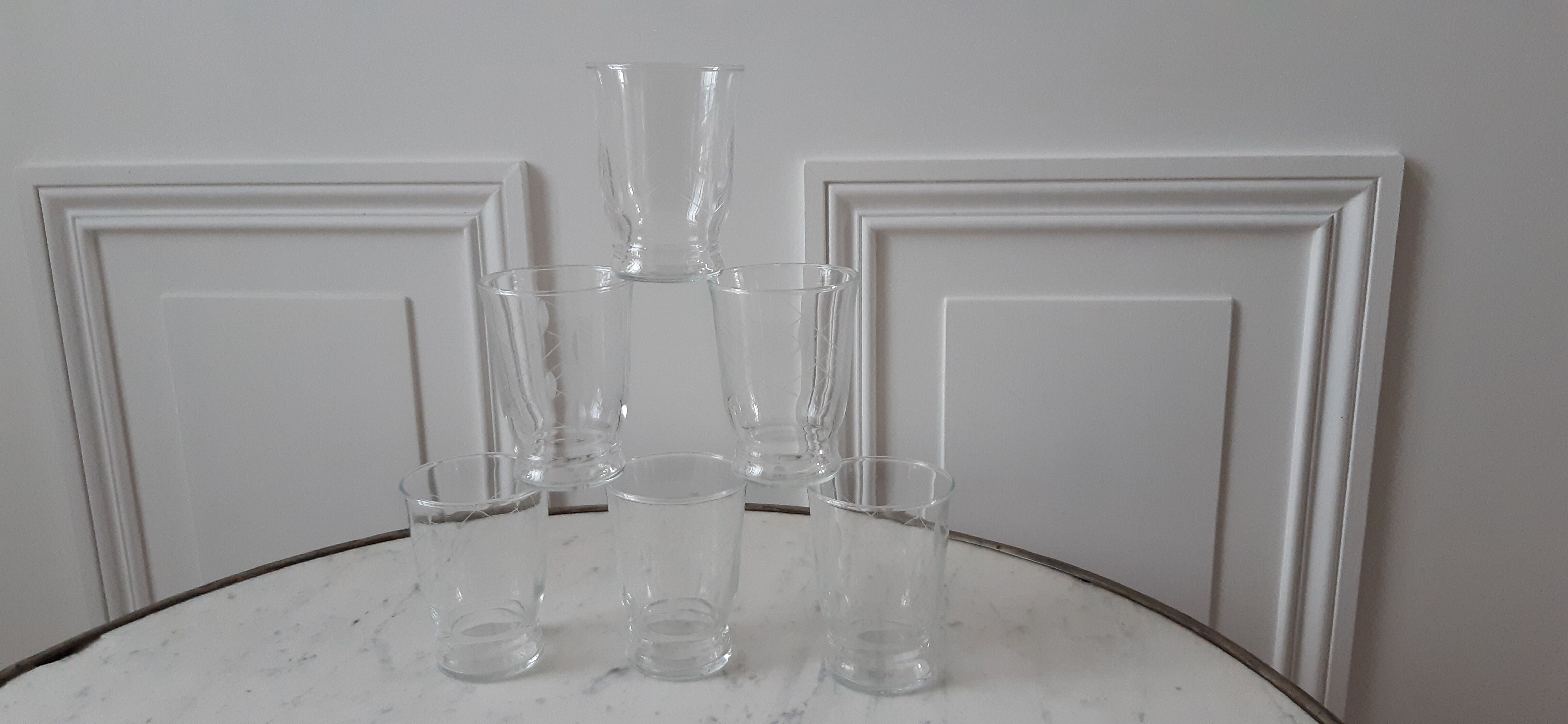 Lot de 6 verres à eau gravés années 50
