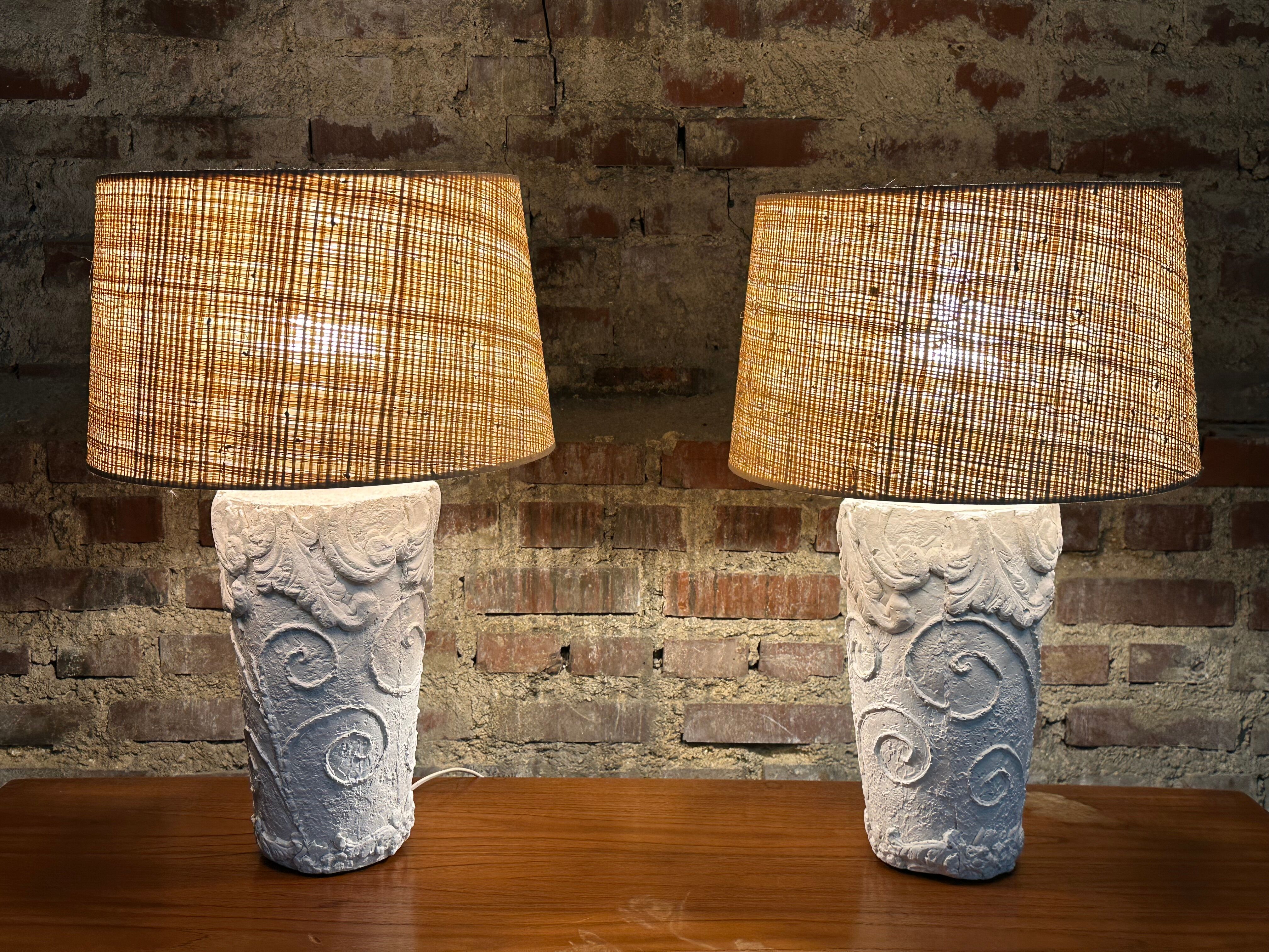 Lamps (set of 2) vintage 80'S in plaster and rattan lampshade
