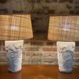 Lamps (set of 2) vintage 80'S in plaster and rattan lampshade