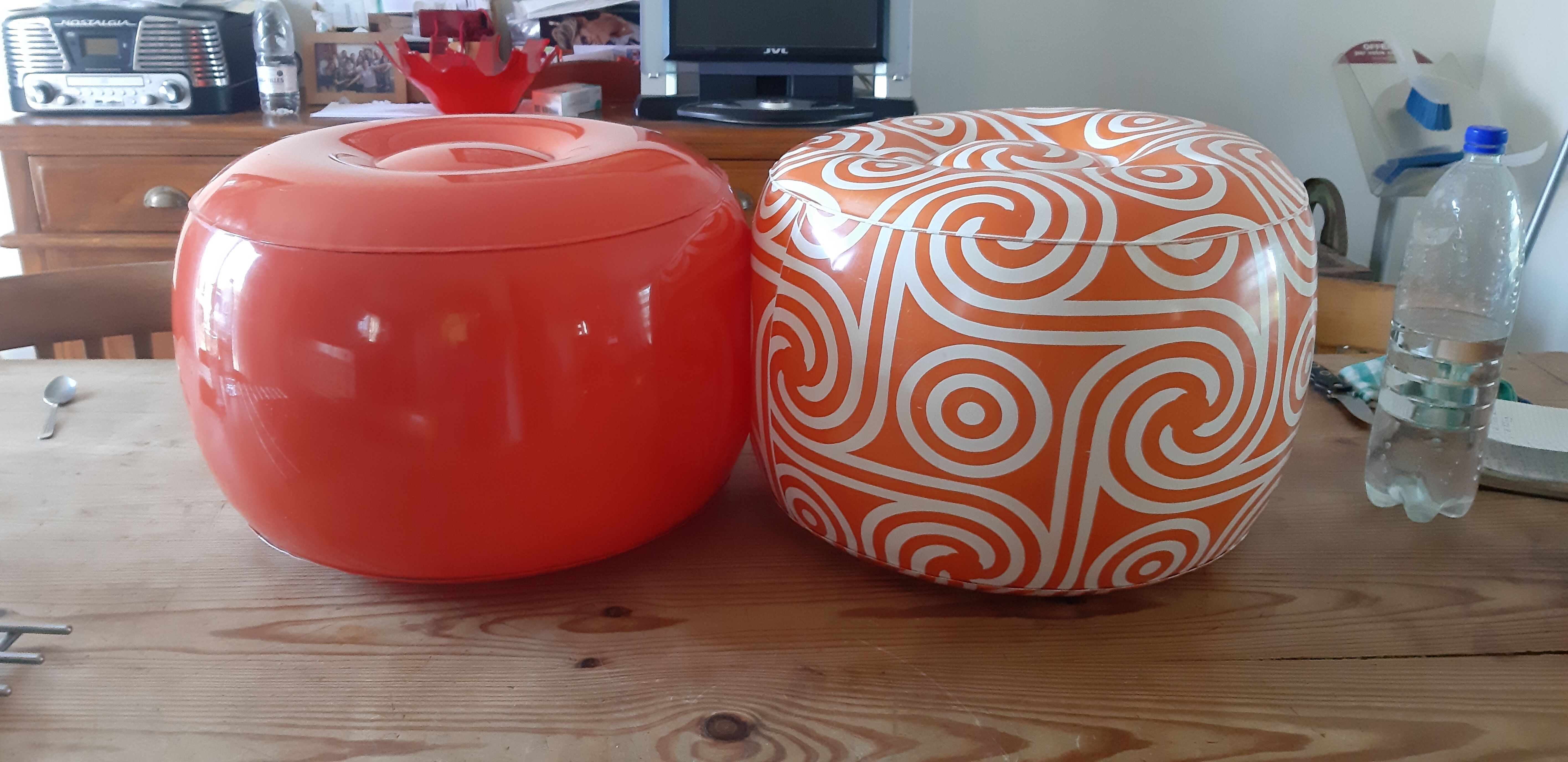 2 vintage inflatable poufs in orange plastic