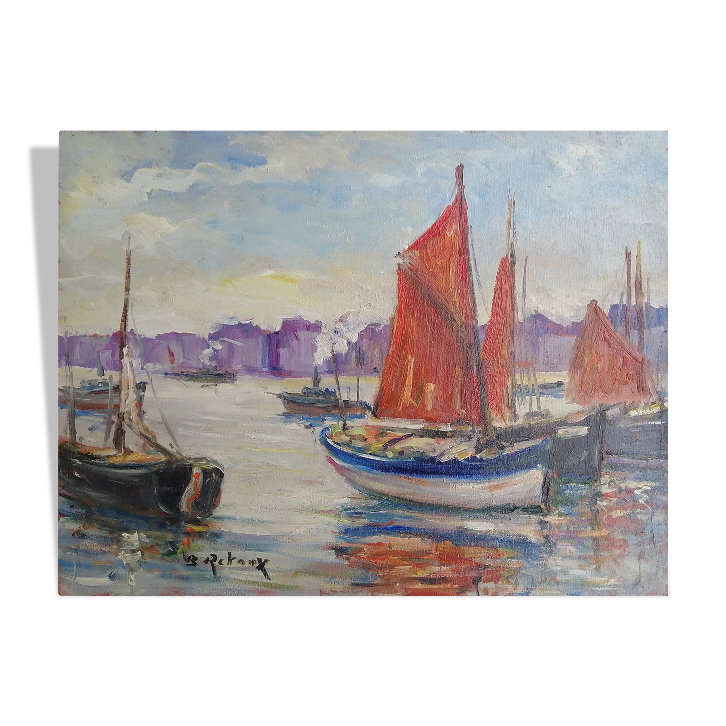 Oil on canvas "Thoniers at port in Normandy" by Bruno Retaux (1947)