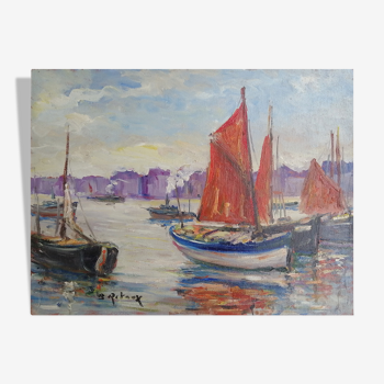 "Thoniers au port en Normandie" par Bruno Retaux (1947)  huile sur panneau