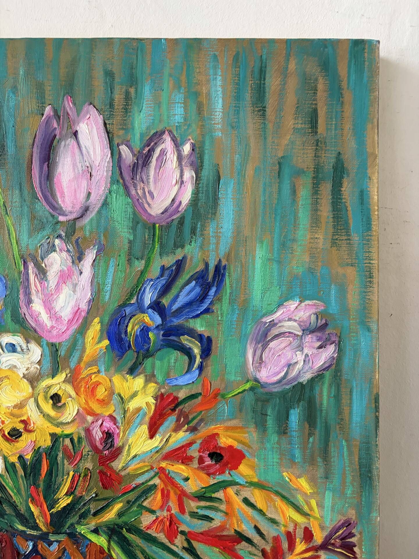 Tulips and iris, oil on canvas signed Gisèle Renaut 1978
