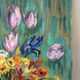 Tulips and iris, oil on canvas signed Gisèle Renaut 1978