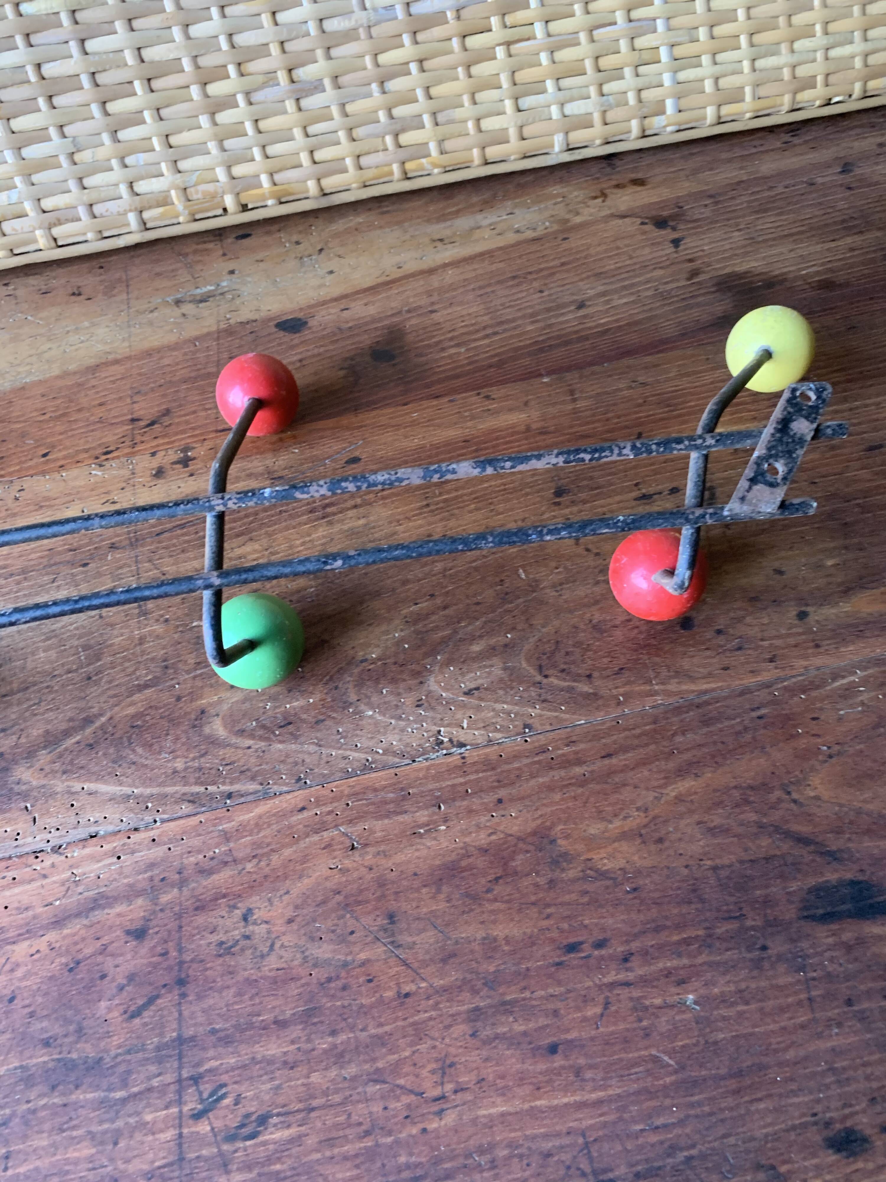 Metal coat rack with wooden balls, 8 hooks, 1950