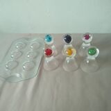 Box 6 liqueur glasses, colored ball base + serving tray, new