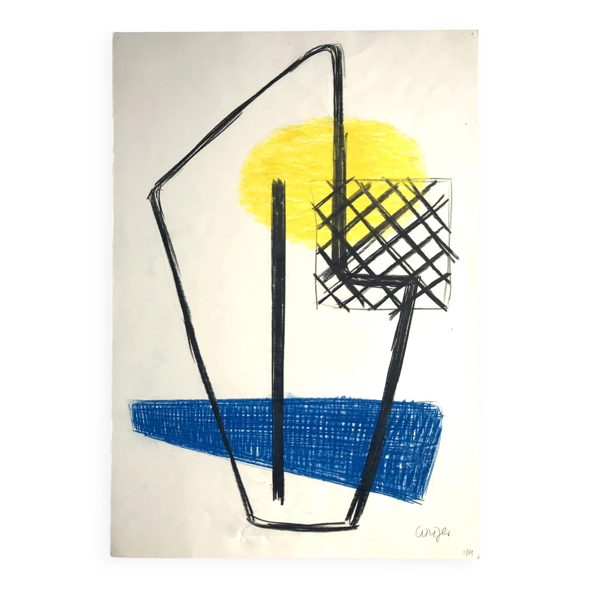 CURIGER Untitled (blue and yellow), 1954. Mixed media signed in pencil.