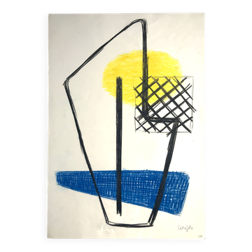 CURIGER Sans titre (bleu et jaune), 1954. Technique mixte signée au crayon