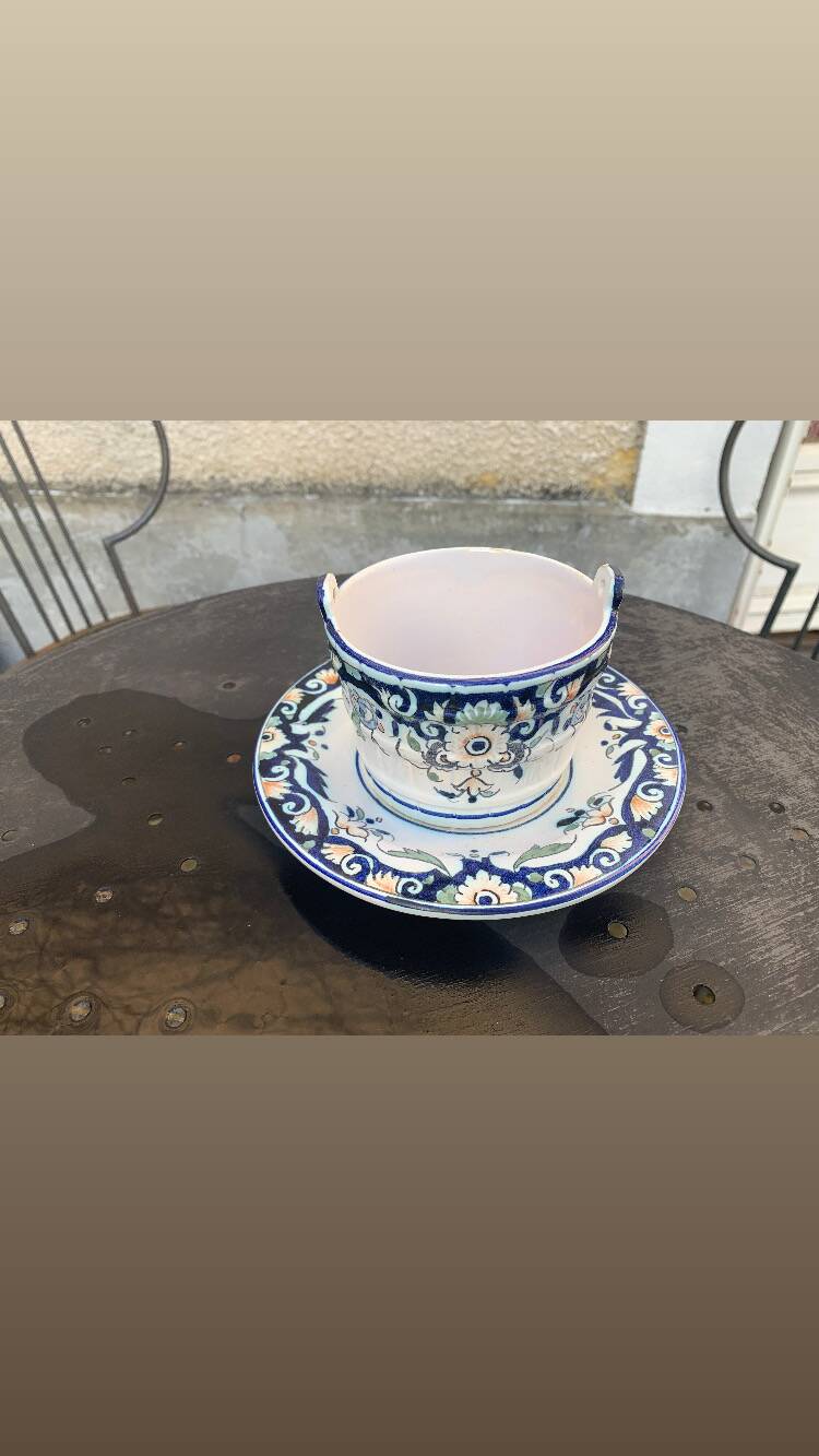 Butter dish, sauce pot in Old Rouen earthenware, handmade, made in France, floral pattern, vintage