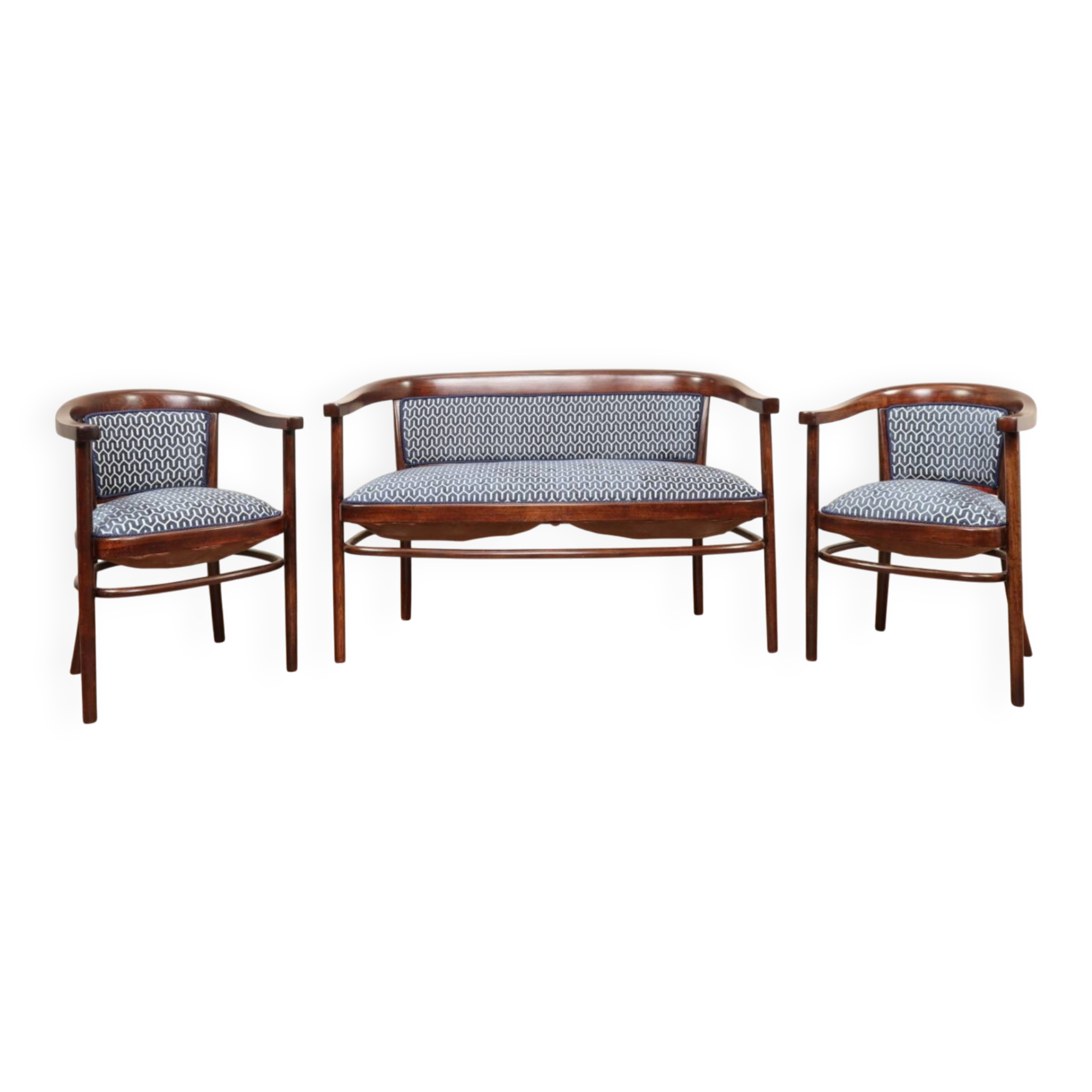 Thonet living room set, in wood and blue jacquard, 1910