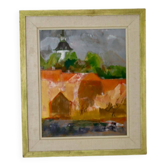 Peinture à l'huile sur panneau suédoise du milieu du siècle des années 1950 « Paysage abstrait » par Ann Marie Ekbom