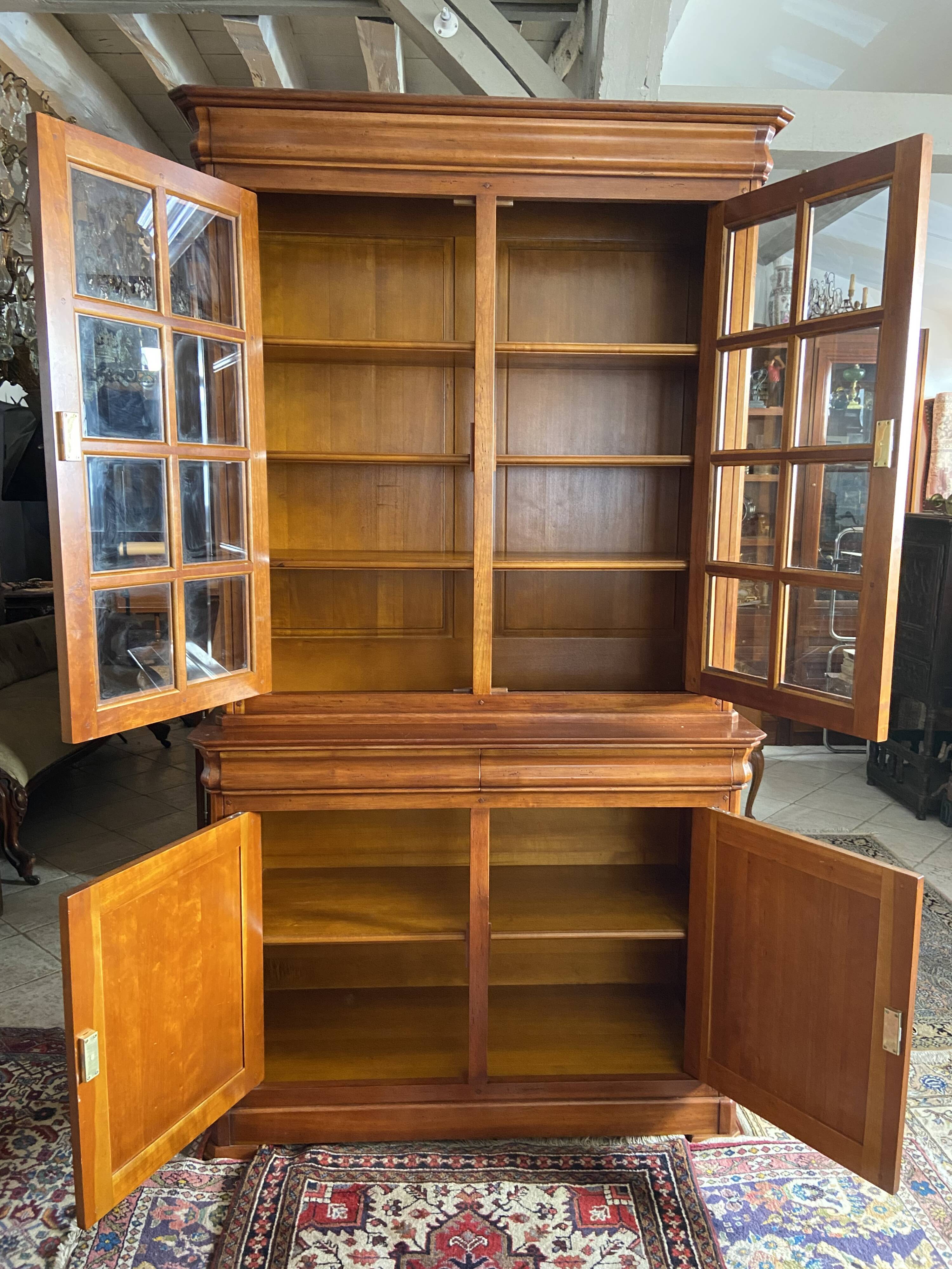 Library buffet two-body display cabinet solid cherry Louis-Philippe
