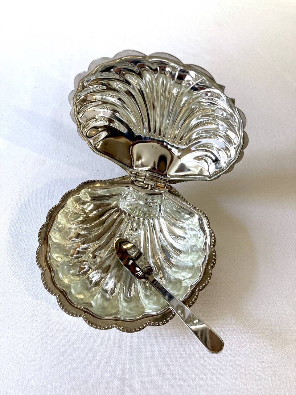 Silver-plated metal shell butter dish, 1950s