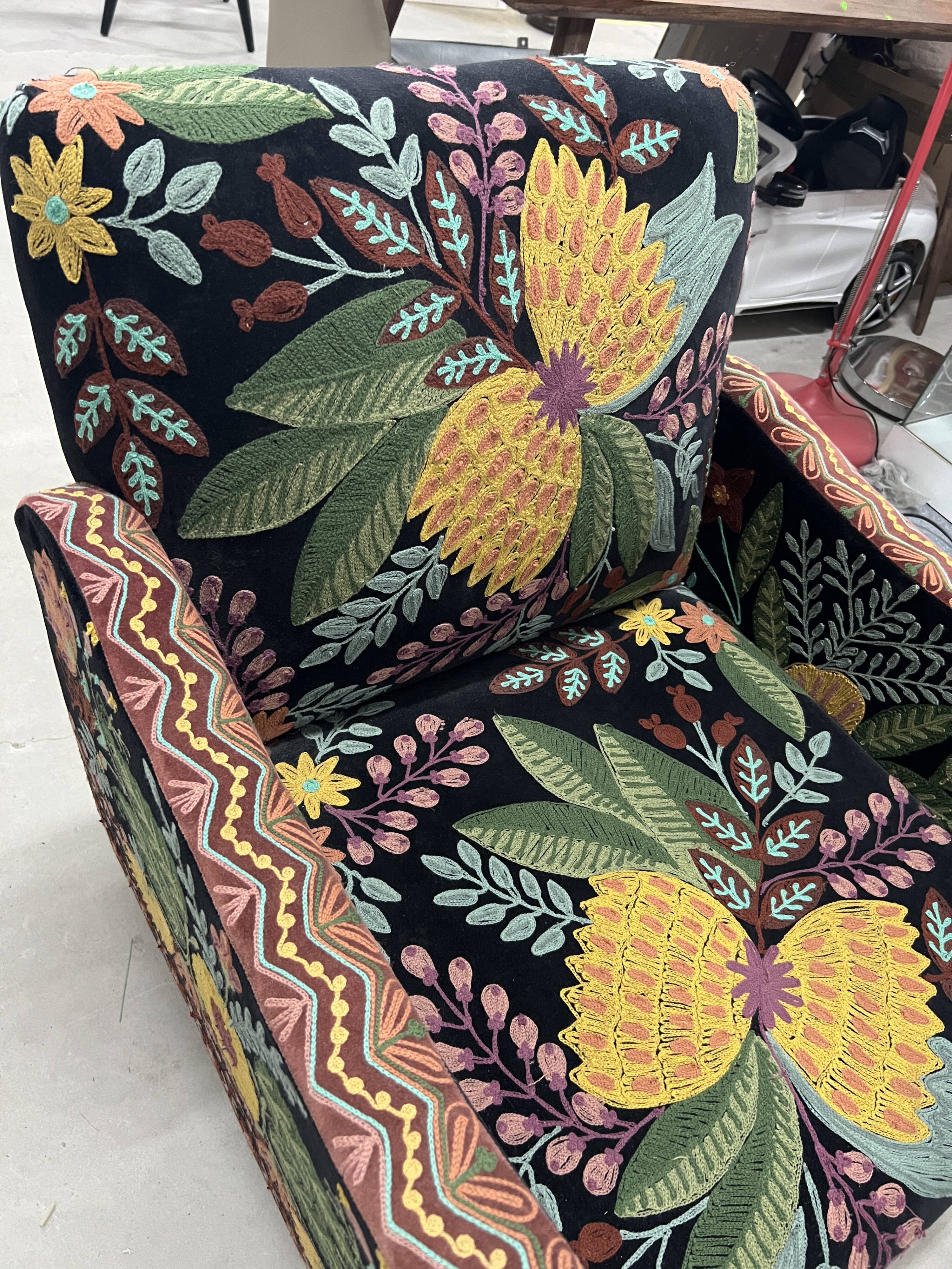 British style armchair in embroidered black velvet and legs in solid black mango tree