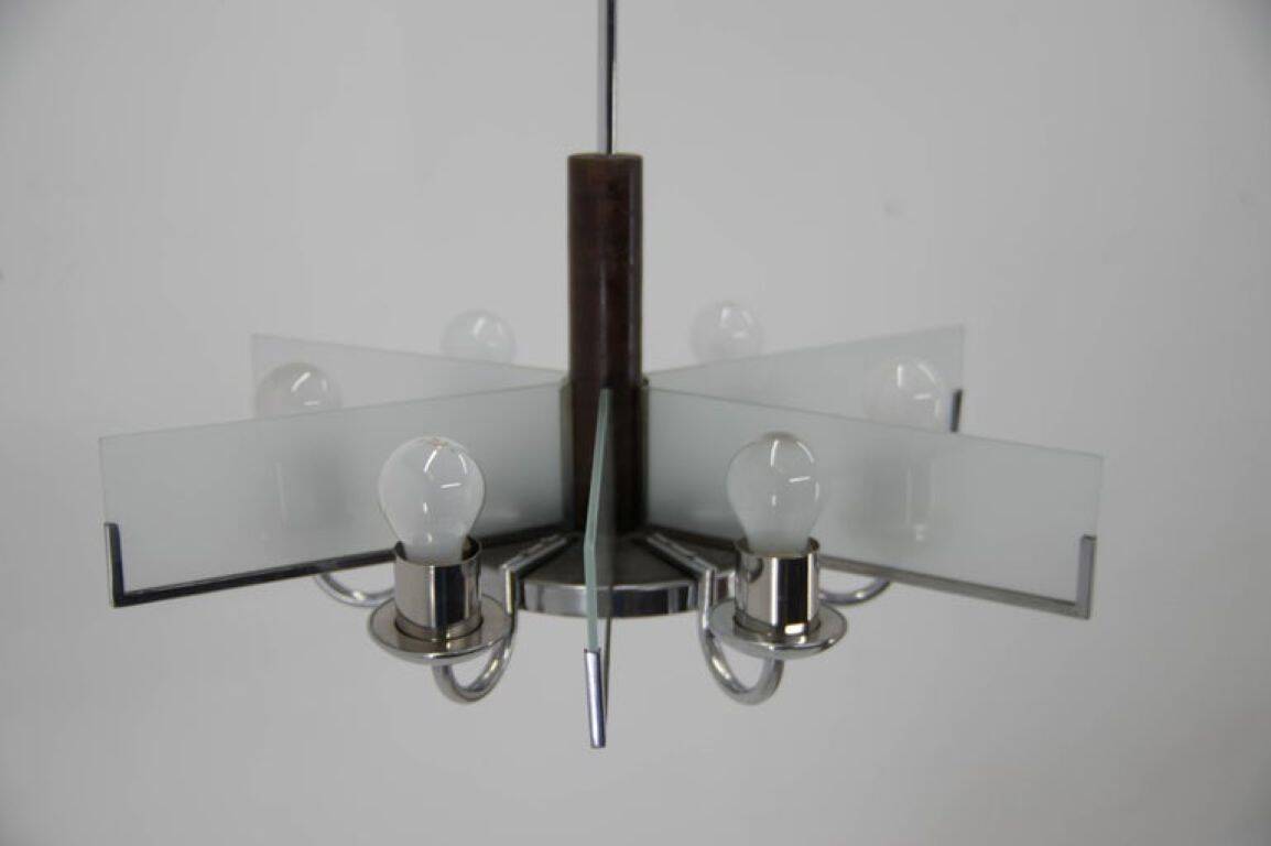 Six-Arm Art Deco Chandelier in Chrome and Sandblasted Glass, 1940s