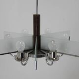 Six-Arm Art Deco Chandelier in Chrome and Sandblasted Glass, 1940s