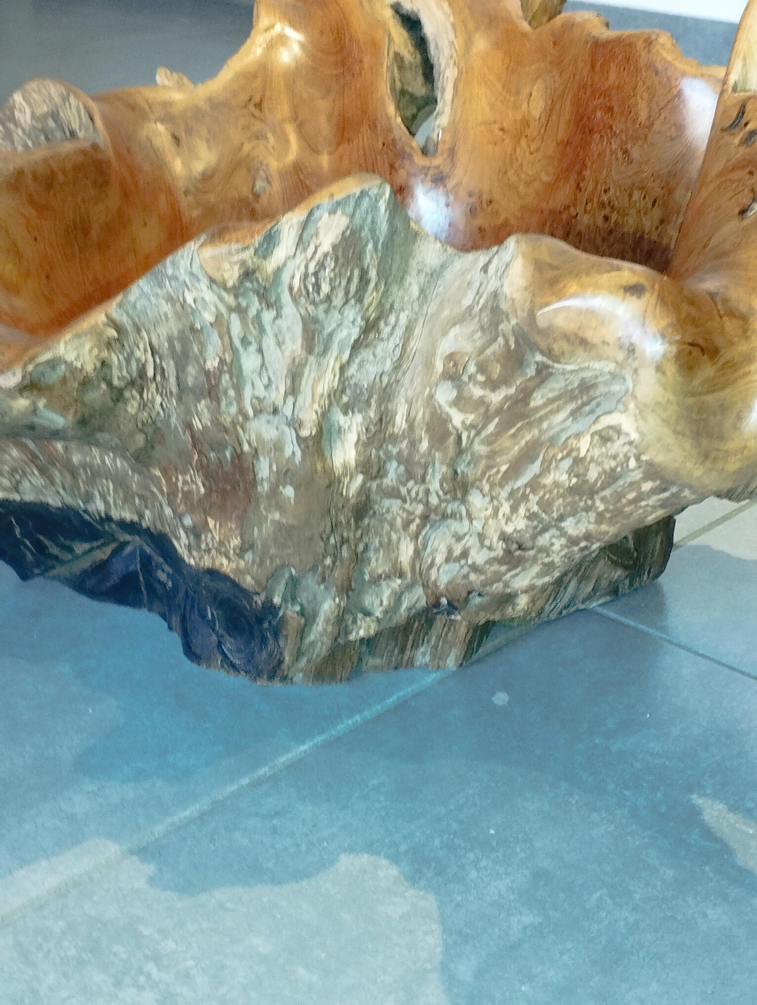 Sculptural wooden centrepiece, organic bowl, brutalist.