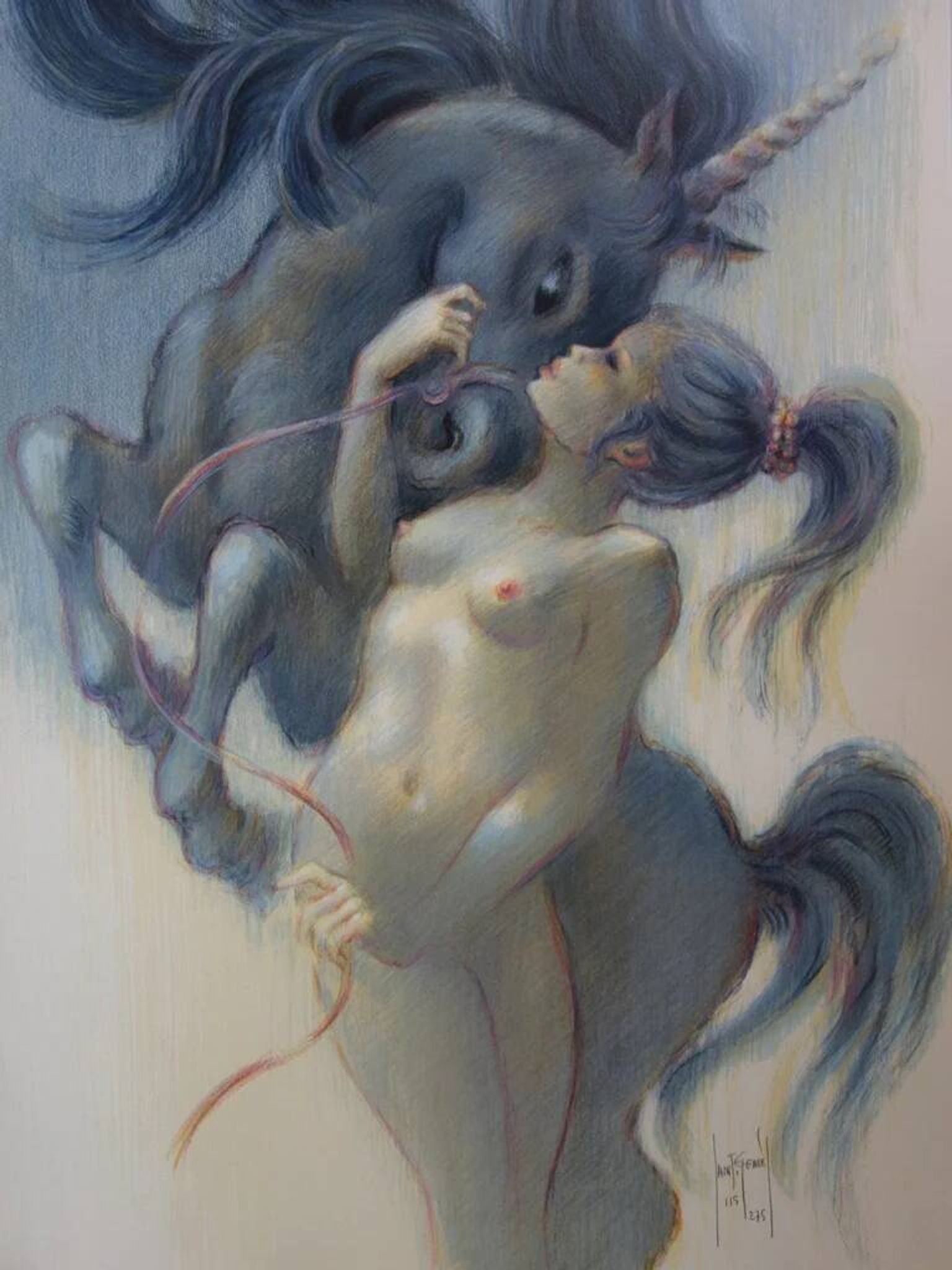 Francis DE SAINT GENIES: Young Girl with a Unicorn, original signed lithograph