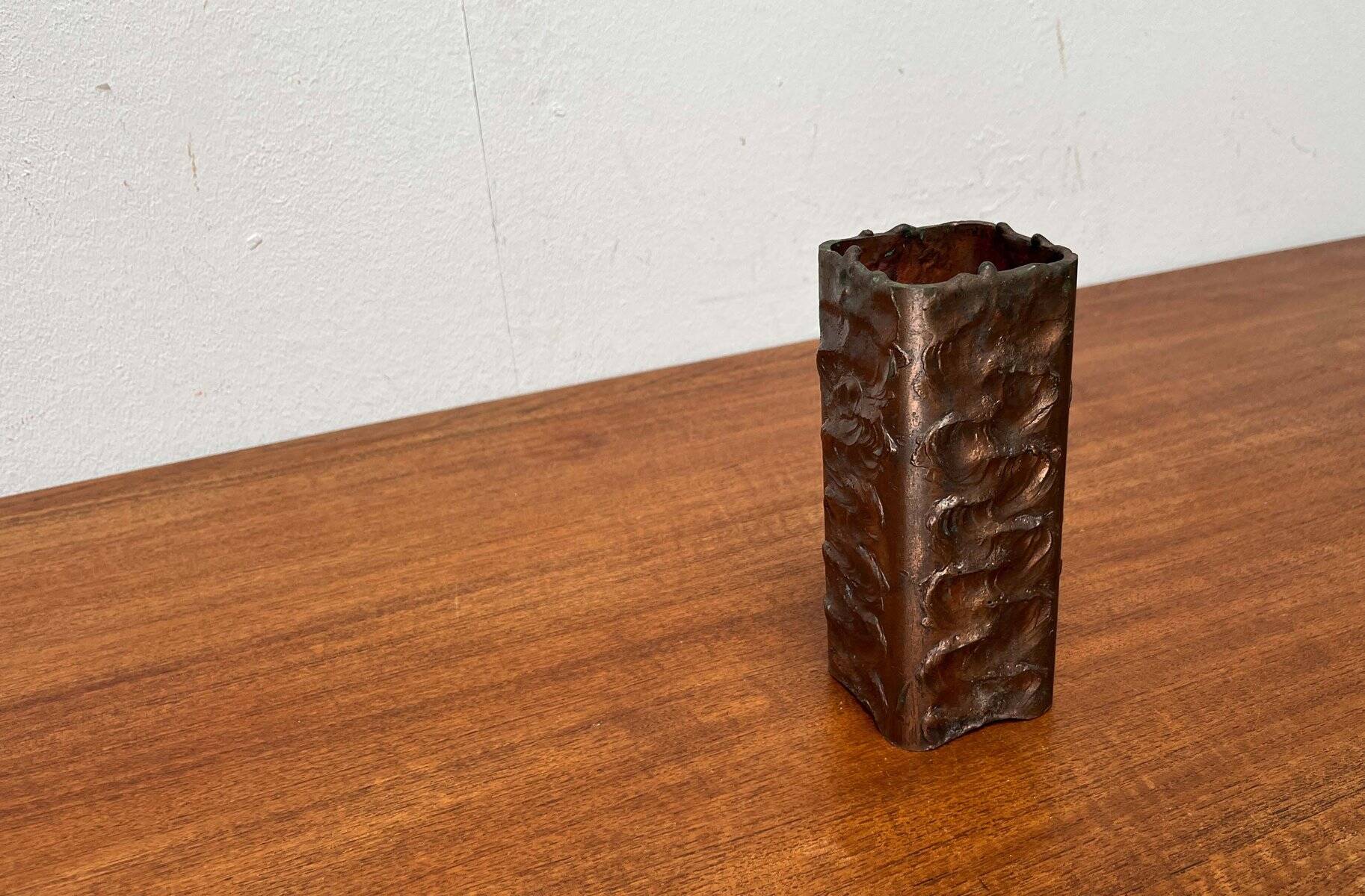 Brutalist metal block vase from the mid-century, 1960s.