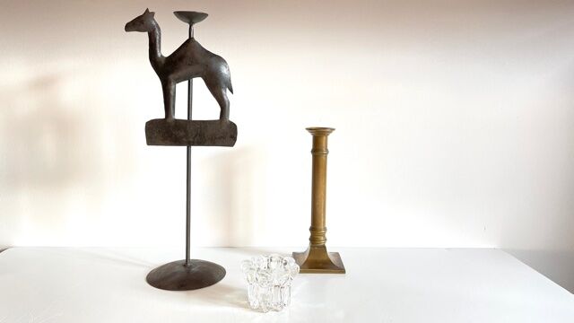 Trio de bougeoirs laiton cristal métal vintage