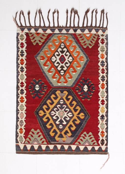 Kilim Vintage Anatolien Rouge – Motifs Géométriques, Laine, 88x125 Cm