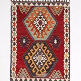 Kilim Vintage Anatolien Rouge – Motifs Géométriques, Laine, 88x125 Cm