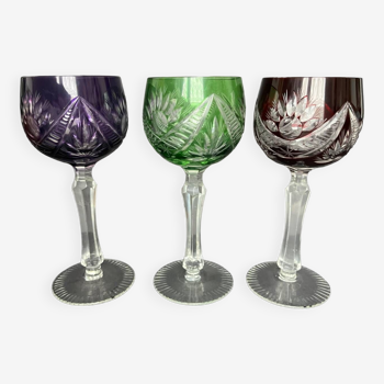 3 colored cut crystal glasses