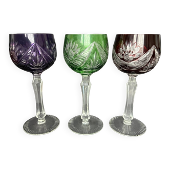 3 colored cut crystal glasses