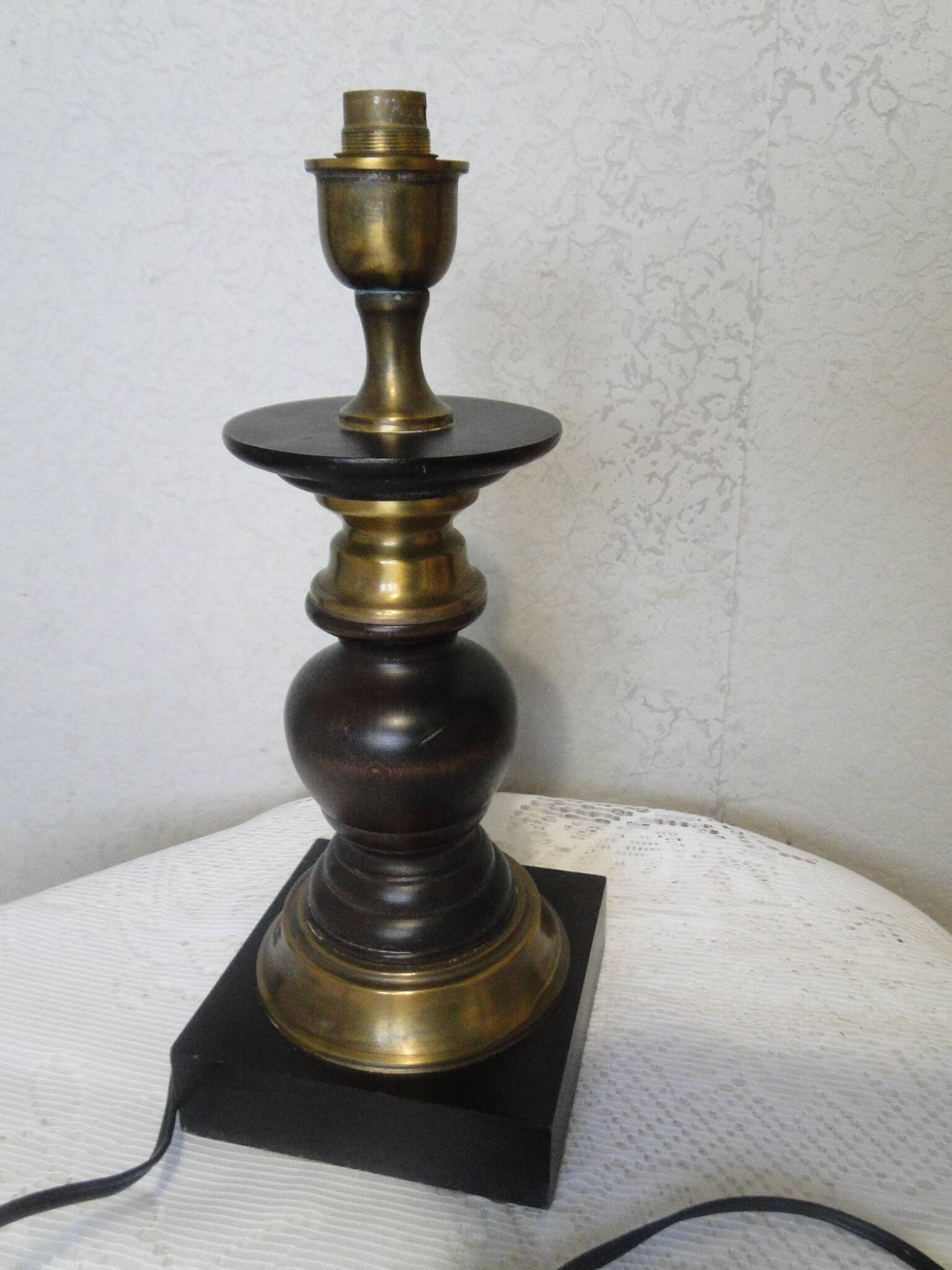 Large wood and brass table lamp stand on square base