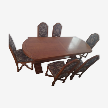 Oak monastery table + 6 upholstered chairs