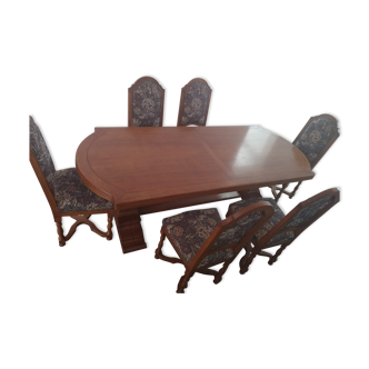 Oak monastery table + 6 upholstered chairs