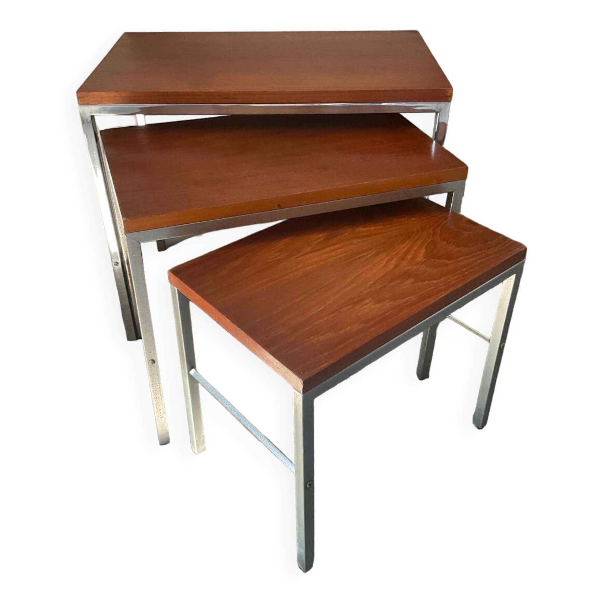 Trio of teak and chrome metal nesting tables from the 60s-70s