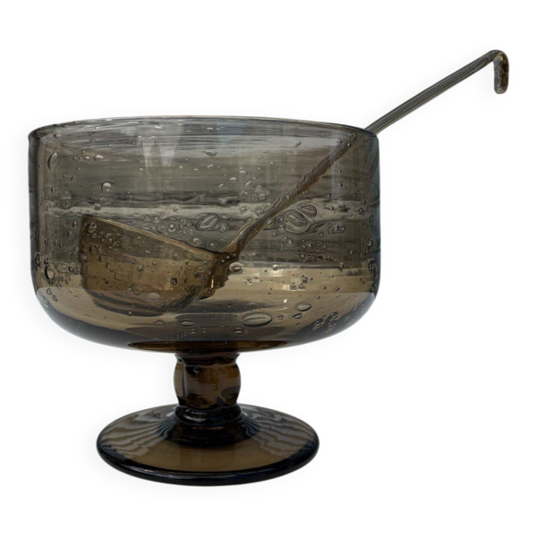 Saladier à punch vintage en verre bullé fumé avec louche assortie
